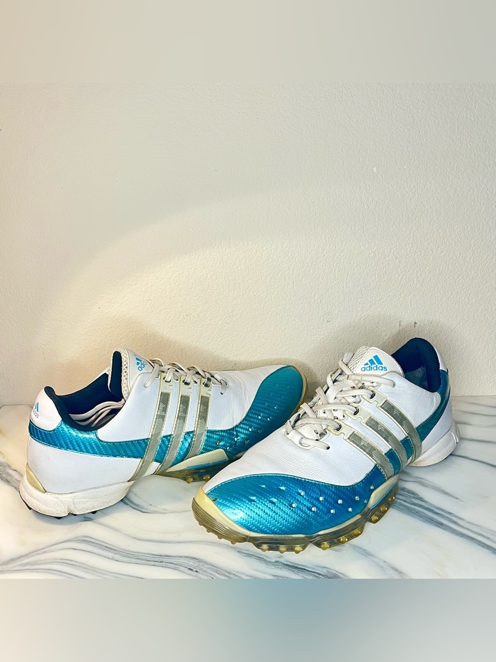 Adidas White and Teal Men’s Golf Shoes with Gold Accents